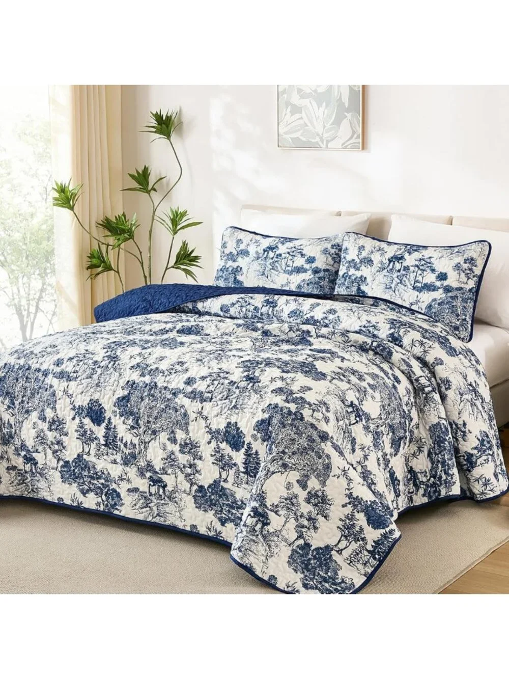 Botanical Floral Quilt Set King Size - Navy Blue Bedspread for Cozy Bedroom